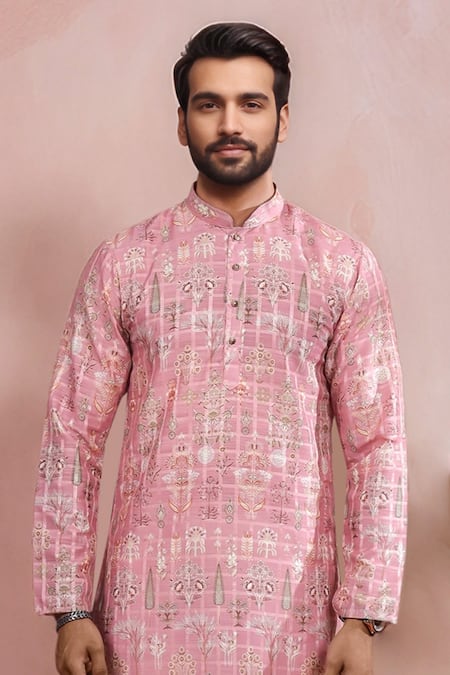 Buy_Arihant Rai Sinha_Pink Cotton, Silk Woven Panel Pattern Kurta Set _Online_at_Aza_Fashions