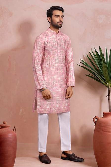 Shop_Arihant Rai Sinha_Pink Cotton, Silk Woven Panel Pattern Kurta Set _Online_at_Aza_Fashions