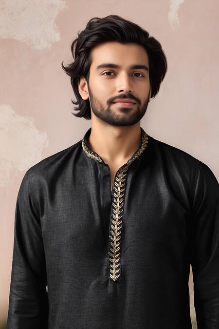 Shop_Arihant Rai Sinha_Black Linen, Silk Embroidery, Metallic Thread Palm Tree Kurta And Salwar Set _Online_at_Aza_Fashions