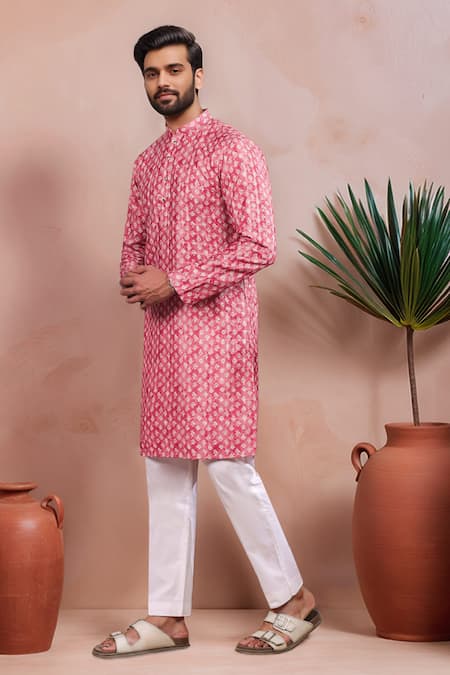 Shop_Arihant Rai Sinha_Red Cotton, Silk Woven Panels Kurta Set _Online_at_Aza_Fashions