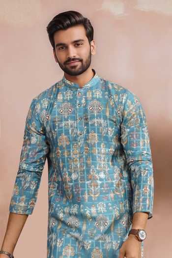 Buy Arihant Rai Sinha Teal Cotton, Silk Woven Panels Kurta Set Online at Aza Fashions Buy_Arihant Rai Sinha_Teal Cotton, Silk Woven Panels Kurta Set _Online_at_Aza_Fashions