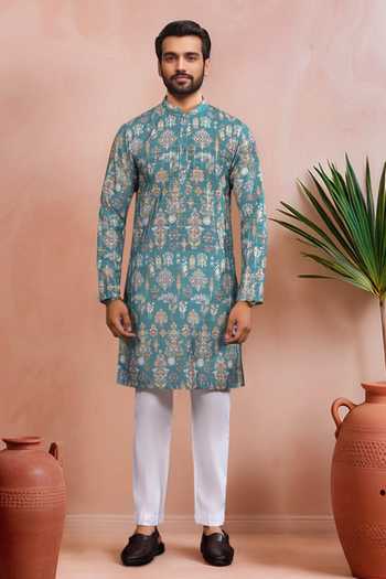 Shop Arihant Rai Sinha Teal Cotton, Silk Woven Panels Kurta Set Online at Aza Fashions Shop_Arihant Rai Sinha_Teal Cotton, Silk Woven Panels Kurta Set _Online_at_Aza_Fashions