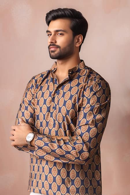 Buy_Arihant Rai Sinha_Blue Linen Printed Short Kurta _Online_at_Aza_Fashions