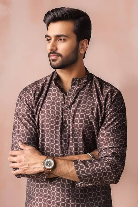Buy Arihant Rai Sinha Brown Linen Printed Short Kurta Online at Aza Fashions Buy_Arihant Rai Sinha_Brown Linen Printed Short Kurta _Online_at_Aza_Fashions