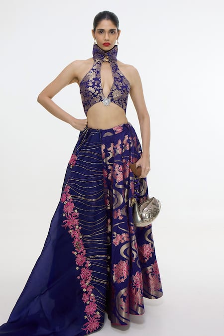 Ekaya Banaras Handwoven Aubergine Lehenga Set With Unstitched Blouse Piece 