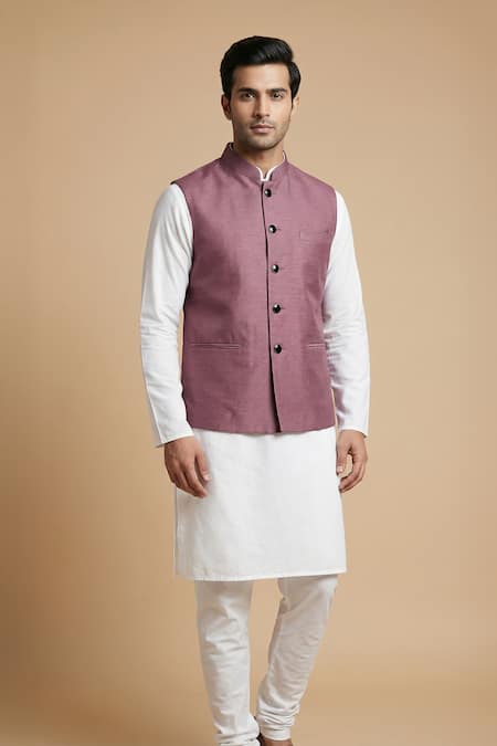 Arihant Rai Sinha Purple Cotton Plain Solid Mandarin Neck Nehru Jacket