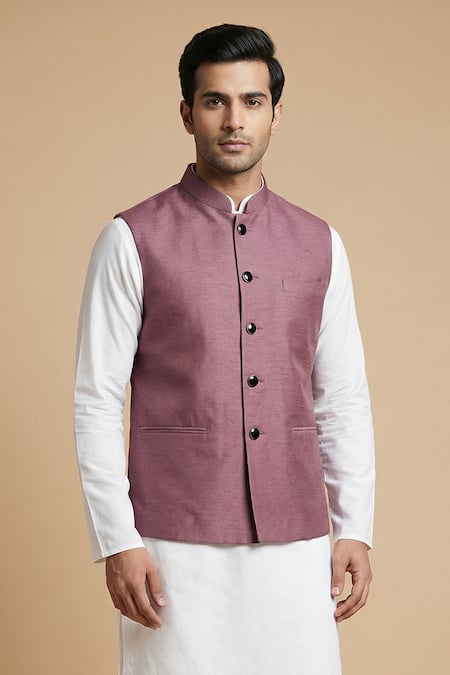 Shop_Arihant Rai Sinha_Purple Cotton Plain Solid Mandarin Neck Nehru Jacket _at_Aza_Fashions