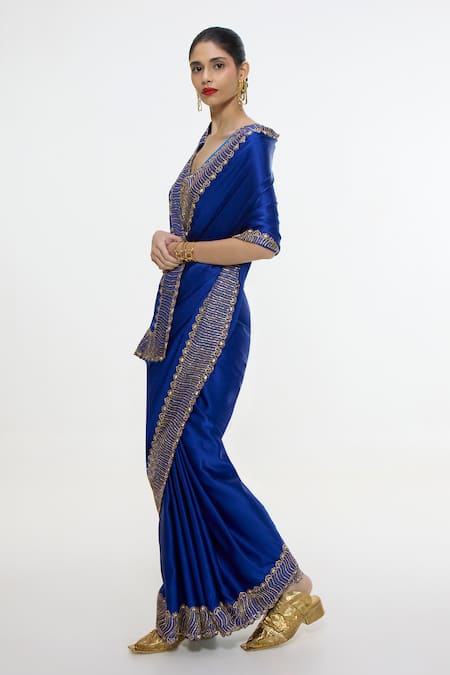 Ekaya Banaras_Blue Satin, Silk Embroidery Handwoven Mashroo Saree With Running Blouse _Online_at_Aza_Fashions