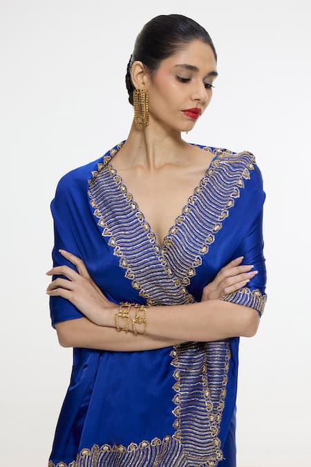 Buy_Ekaya Banaras_Blue Satin, Silk Embroidery Handwoven Mashroo Saree With Running Blouse _Online_at_Aza_Fashions