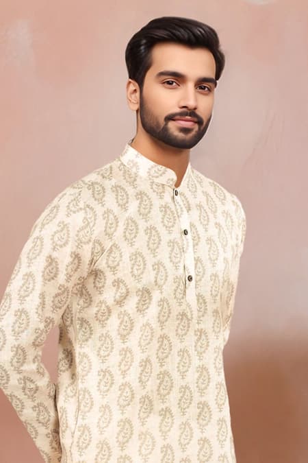 Shop Arihant Rai Sinha Cream Linen, Cotton Paisley Pattern Kurta And Pant Set Online at Aza Fashions Shop_Arihant Rai Sinha_Cream Linen, Cotton Paisley Pattern Kurta And Pant Set _Online_at_Aza_Fashions