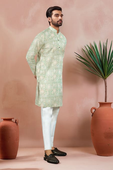 Shop_Arihant Rai Sinha_Green Linen, Cotton Geometric Print Kurta And Pant Set _Online_at_Aza_Fashions