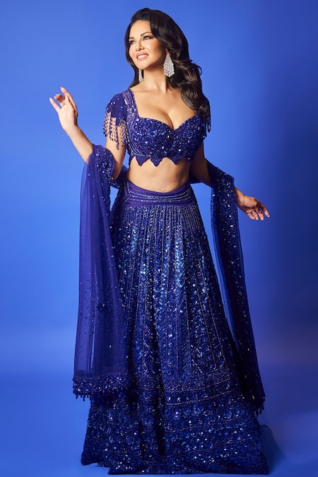 Buy_Archana Kochhar_Blue Net Sequins, Cut Work, Stones Sweetheart Cobalt Embroidered Lehenga Set _Online_at_Aza_Fashions