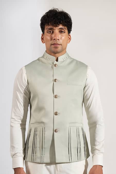 Rng Safawala_Green Terrycloth Embroidery, Studs Pin Tuck Pattern Bundi _Online_at_Aza_Fashions