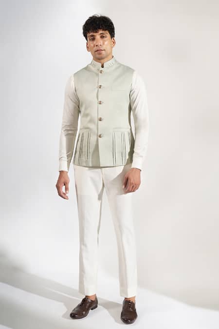 Buy_Rng Safawala_Green Terrycloth Embroidery, Studs Pin Tuck Pattern Bundi _Online_at_Aza_Fashions
