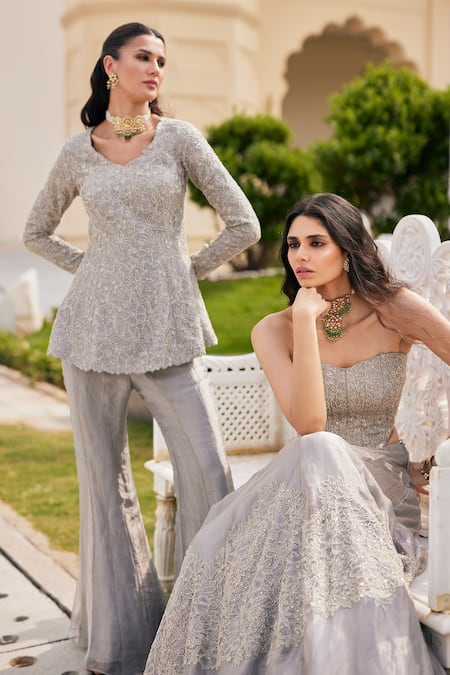 Charu And Vasundhara_Silver Tissue Beads, Embroidery V-neck Karen Peplum Kurta And Sharara Set _Online_at_Aza_Fashions