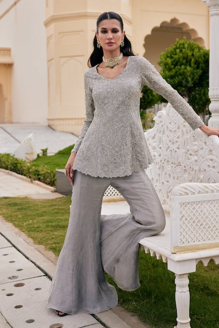 Charu And Vasundhara Karen Embroidered Peplum Kurta & Sharara Set 