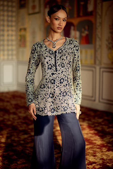 Charu And Vasundhara_Blue Organza, Silk Embroidery V-neck Karina Peplum Kurta And Sharara Set _Online_at_Aza_Fashions