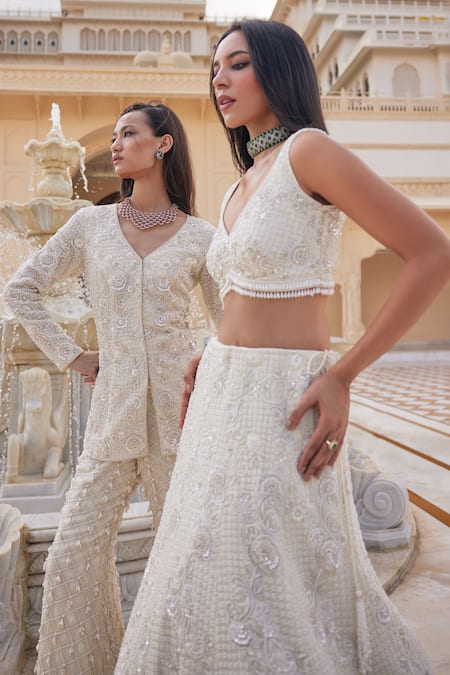 Charu And Vasundhara_Ivory Organza Sequins, Beads, Kourtney Embroidered Jacket And Flared Pant Set _Online_at_Aza_Fashions