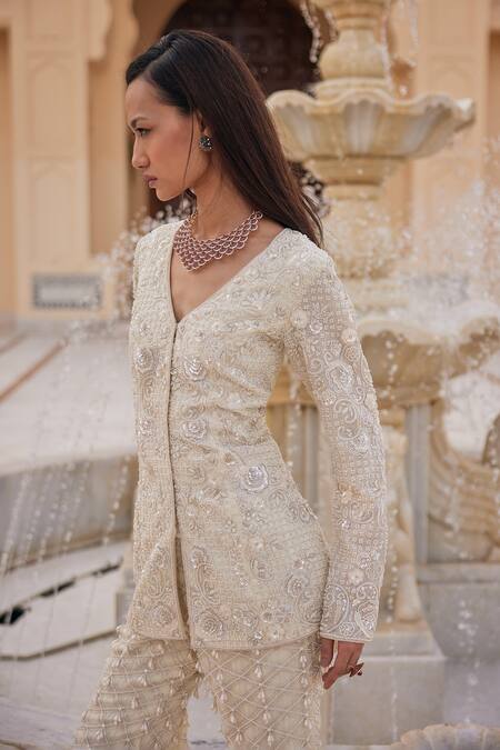 Buy_Charu And Vasundhara_Ivory Organza Sequins, Beads, Kourtney Embroidered Jacket And Flared Pant Set _Online_at_Aza_Fashions