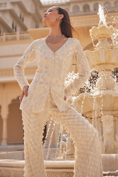 Charu And Vasundhara Kourtney Embroidered Jacket & Flared Pant Set 