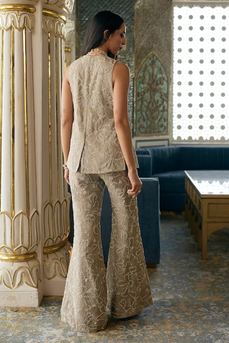 Charu And Vasundhara Kesha Embroidered Organza Jacket & Flared Pant Set 