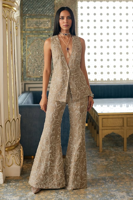 Charu And Vasundhara Kesha Embroidered Organza Jacket & Flared Pant Set 