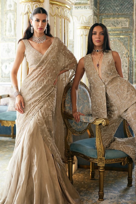 Shop_Charu And Vasundhara_Gold Organza, Silk Sequins, Embroidery V-neck Kesha Jacket And Flared Pant Set _Online_at_Aza_Fashions