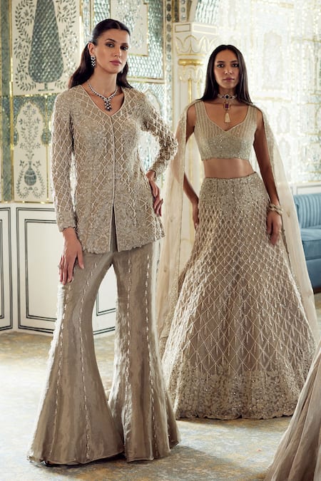 Charu And Vasundhara Kate Geometric Embroidered Jacket & Sharara Set 