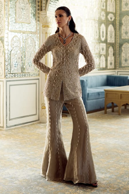 Charu And Vasundhara Kate Geometric Embroidered Jacket & Sharara Set 