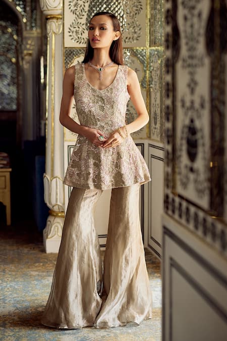 Charu And Vasundhara_Gold Tissue Sequins, Embroidery Katherine Embellished Peplum Kurta And Sharara Set _Online_at_Aza_Fashions