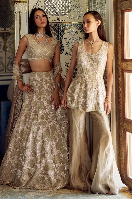 Buy_Charu And Vasundhara_Gold Tissue Sequins, Embroidery Katherine Embellished Peplum Kurta And Sharara Set _Online_at_Aza_Fashions