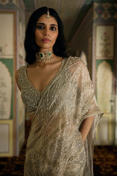 Charu And Vasundhara Silver Tissue Sequins, Kaya Embellished Pre-draped Lehenga Saree With Blouse Online at Aza Fashions Charu And Vasundhara_Silver Tissue Sequins, Kaya Embellished Pre-draped Lehenga Saree With Blouse _Online_at_Aza_Fashions