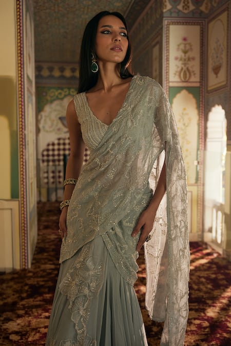 Charu And Vasundhara_Silver Tissue, Chiffon Embroidery, Sequins, Kaylee Pre-draped Saree With Blouse _Online_at_Aza_Fashions