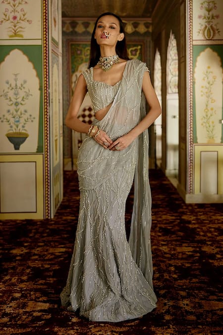 Charu And Vasundhara Keira Embellished Organza Pre-Draped Saree With Blouse 