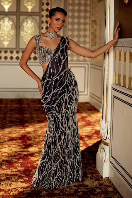 Charu And Vasundhara Keena Embellished Organza Pre-Draped Saree With Blouse 