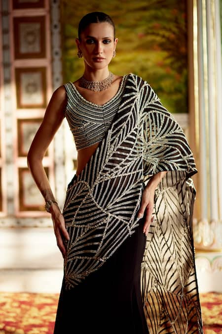 Charu And Vasundhara_Blue Organza Sequins, Kassidy Geometric Pattern Pre-draped Saree With Blouse _Online_at_Aza_Fashions