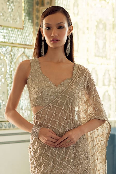 Charu And Vasundhara_Gold Tissue Sequins, Embroidery Geometric Grid Pre-draped Saree And Blouse _Online_at_Aza_Fashions