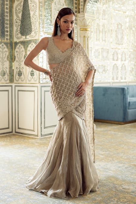Shop_Charu And Vasundhara_Gold Tissue Sequins, Embroidery Geometric Grid Pre-draped Saree And Blouse _Online_at_Aza_Fashions