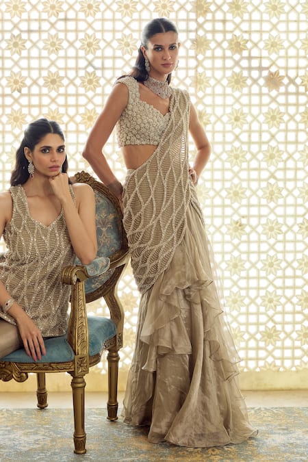 Charu And Vasundhara_Gold Tissue Beads, Embroidery Karolina Ruffle Pre-draped Saree With Blouse _Online_at_Aza_Fashions