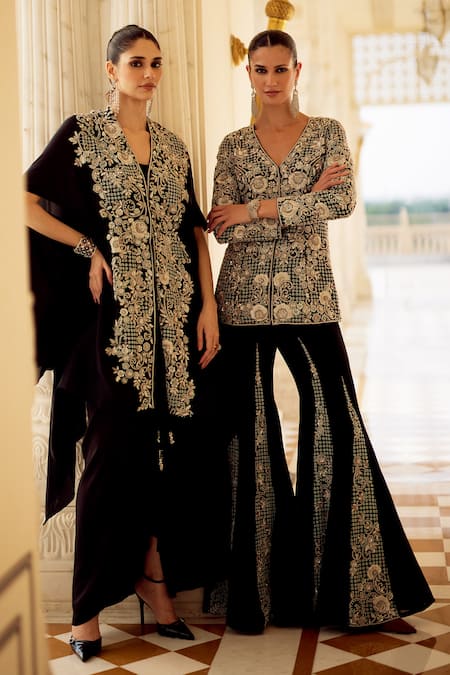 Charu And Vasundhara_Black Silk V-neck Karla Embroidered Cape And Skirt Set _Online_at_Aza_Fashions
