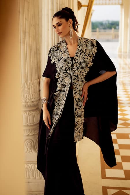 Buy_Charu And Vasundhara_Black Silk V-neck Karla Embroidered Cape And Skirt Set _Online_at_Aza_Fashions