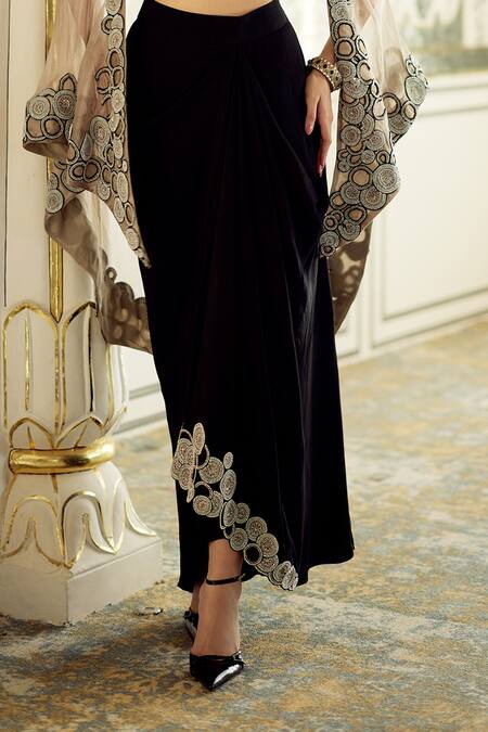 Charu And Vasundhara_Beige Tissue Embroidery Open Neck, Kainna Circular Motif Cape Skirt Set _Online_at_Aza_Fashions