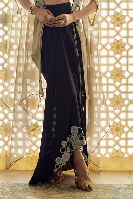 Charu And Vasundhara_Beige Tissue Open , Sweetheart Kayden Embellished Cape Skirt Set _Online_at_Aza_Fashions