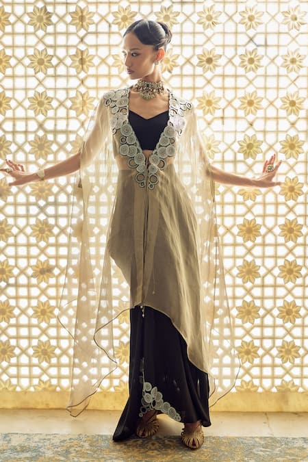 Charu And Vasundhara Kayden Tissue Embellished Cape Skirt Set 