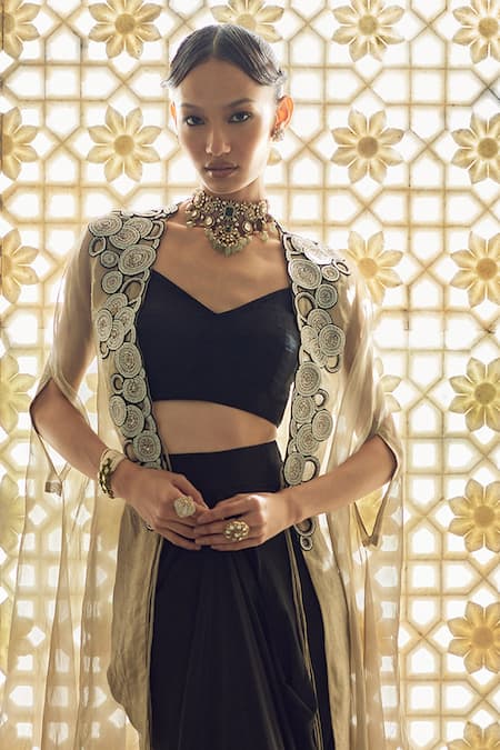 Buy_Charu And Vasundhara_Beige Tissue Open , Sweetheart Kayden Embellished Cape Skirt Set _Online_at_Aza_Fashions