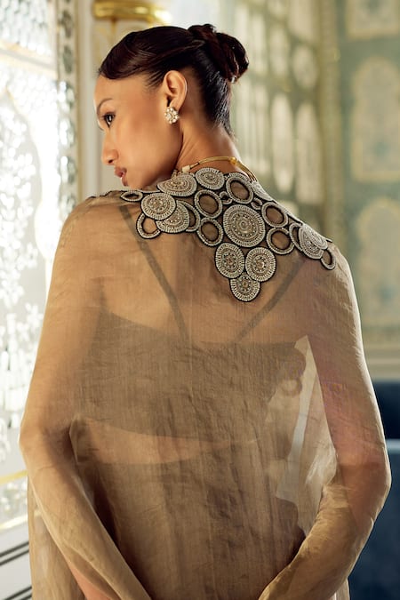 Shop_Charu And Vasundhara_Beige Tissue Open , Sweetheart Kayden Embellished Cape Skirt Set _Online_at_Aza_Fashions