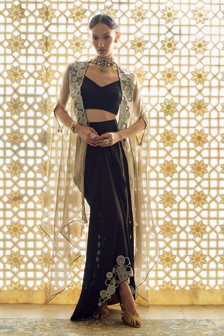 Charu And Vasundhara_Beige Tissue Open , Sweetheart Kayden Embellished Cape Skirt Set _at_Aza_Fashions