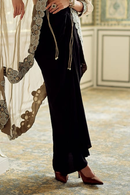 Charu And Vasundhara_Gold Tissue Open , Square Kimiko Embroidered Cape Skirt Set _Online_at_Aza_Fashions