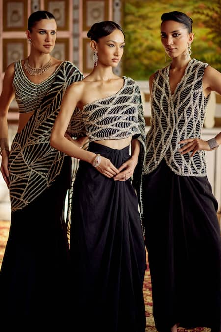 Charu And Vasundhara_Black Organza Sequins, Beads V-neck Kimora Embroidered Jacket And Skirt Set _Online_at_Aza_Fashions