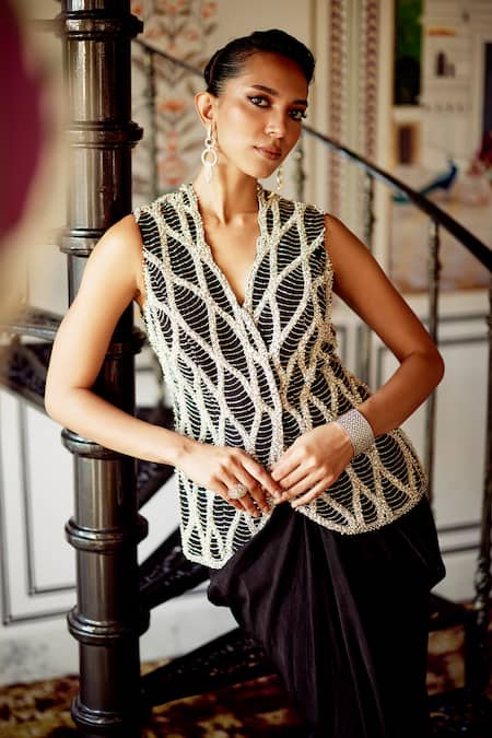 Shop_Charu And Vasundhara_Black Organza Sequins, Beads V-neck Kimora Embroidered Jacket And Skirt Set _Online_at_Aza_Fashions